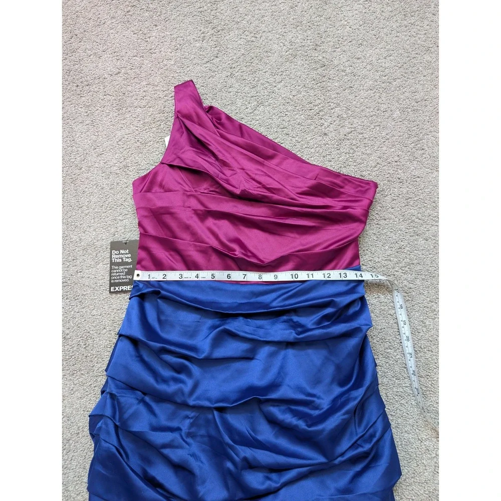 NWT Express One Shoulder Dress Women 10 Magenta Blue Ruched Color Block Mini